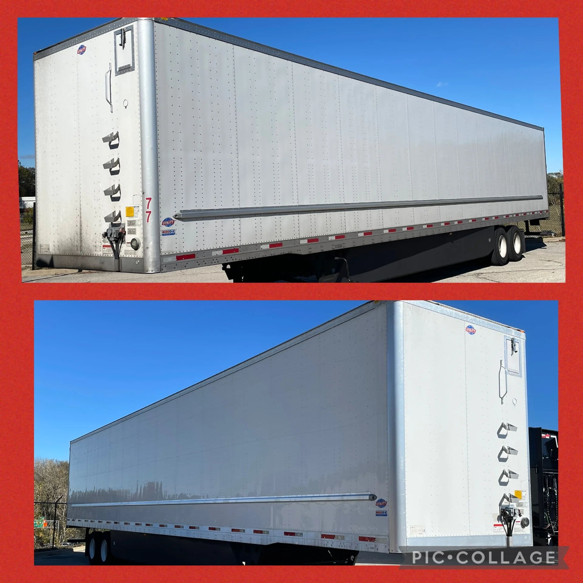 Refrigerated trailer before and after pressure washing, aluminum panels cleaned to white finish