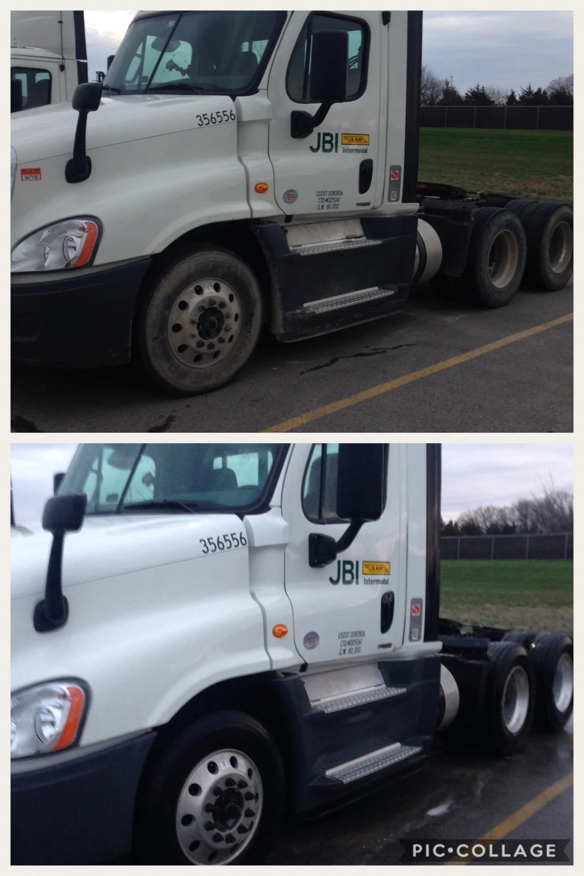 Semi-truck cab before and after pressure washing, white exterior and black lower panels cleaned