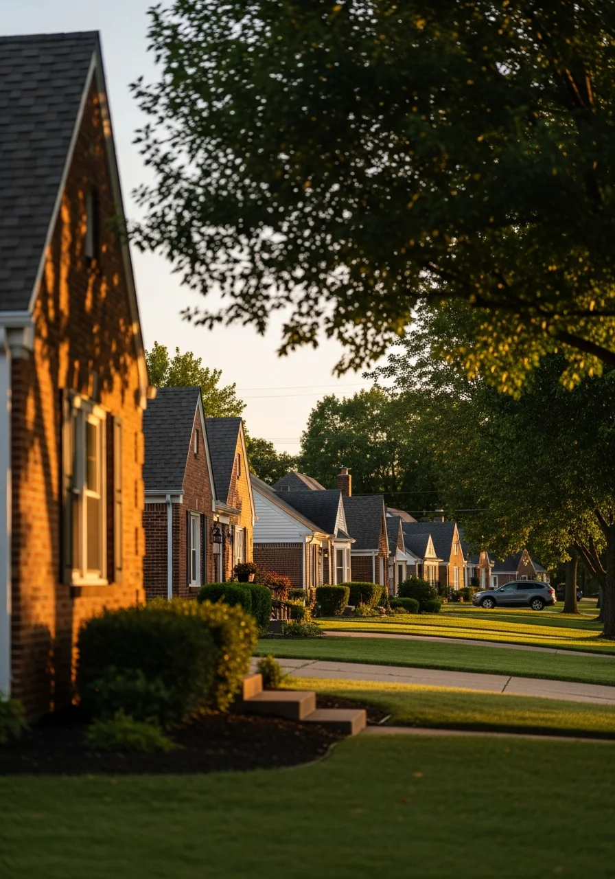 Close-up of Kansas City residential street with mature trees, varied home styles, and well-maintained properties.