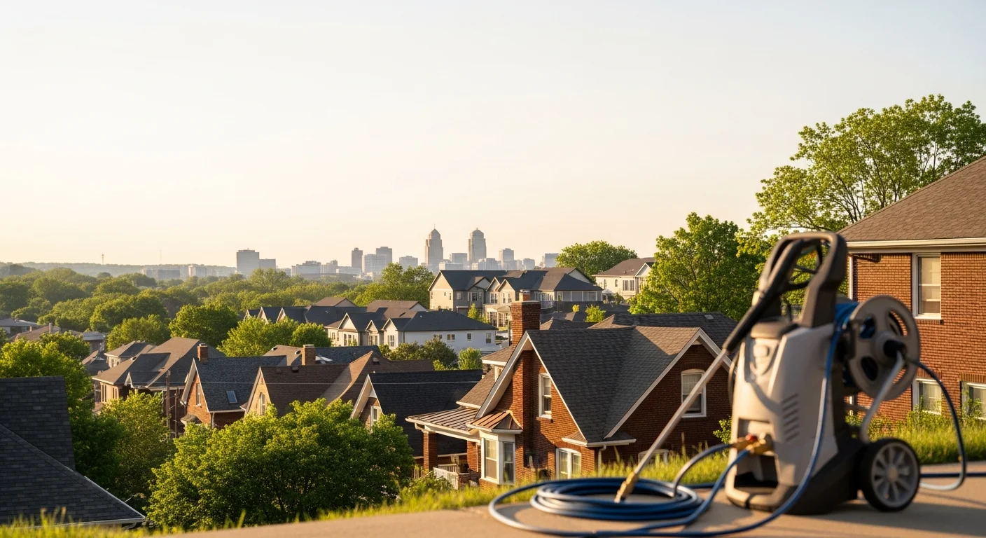 Kansas City skyline with residential neighborhoods in foreground, showing mix of older brick homes and newer construction typical of the metro area.